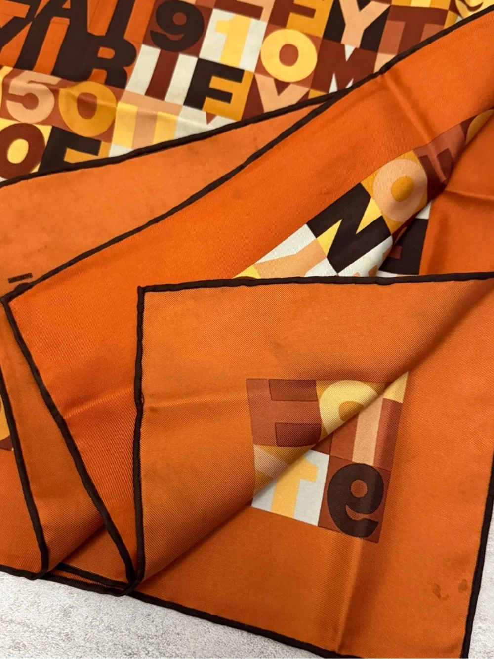 Fendi Multicolor Graphic Silk Scarf in Orange, Brown & Cream - Picture 5 of 12